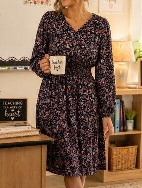 Berkley Jensen Floral Midi Dress XL Smocked Waist Boho Cottagecore Teacher Dress